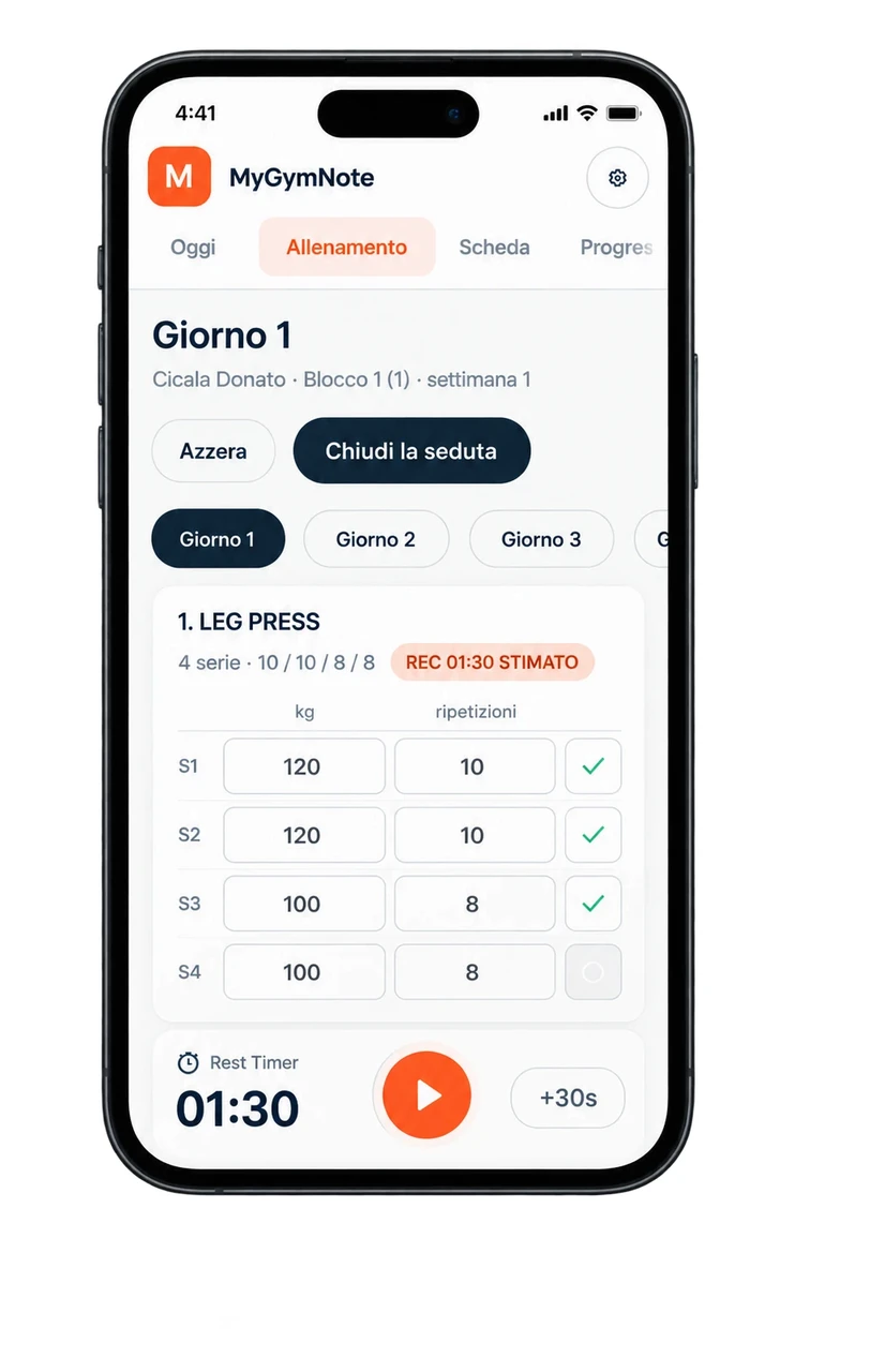 Schermata di allenamento con serie, carichi e timer
